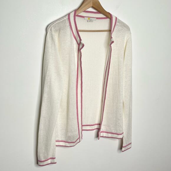 Boden Womens Linen Open Front Cardigan Sweater 10 Cream Pink Stripe Trim Preppy - Picture 3 of 9